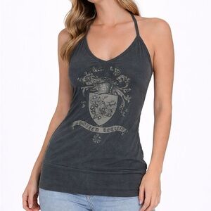 Hot Topic Crest Cotton Halter Graphic Tank Top w/Crystals - Charcoal Vintage